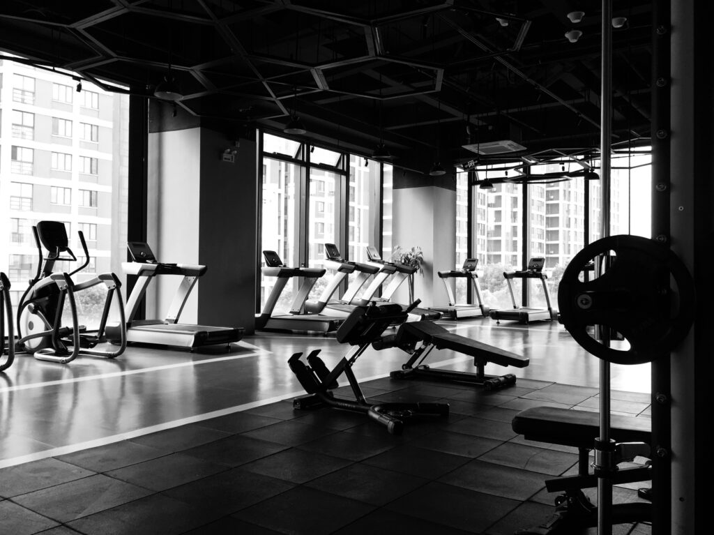 An empty gym image in black and white